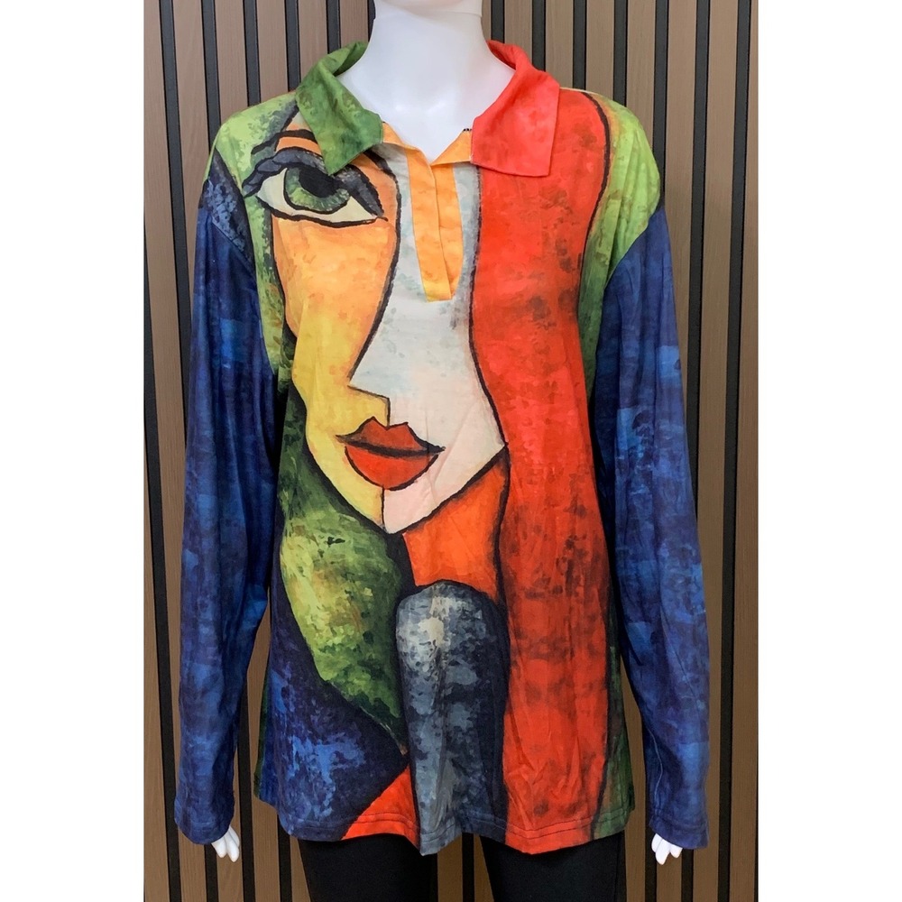Misslook Abstract Face Art‎ Print Long Sleeve Polo Top Multi Color Size L